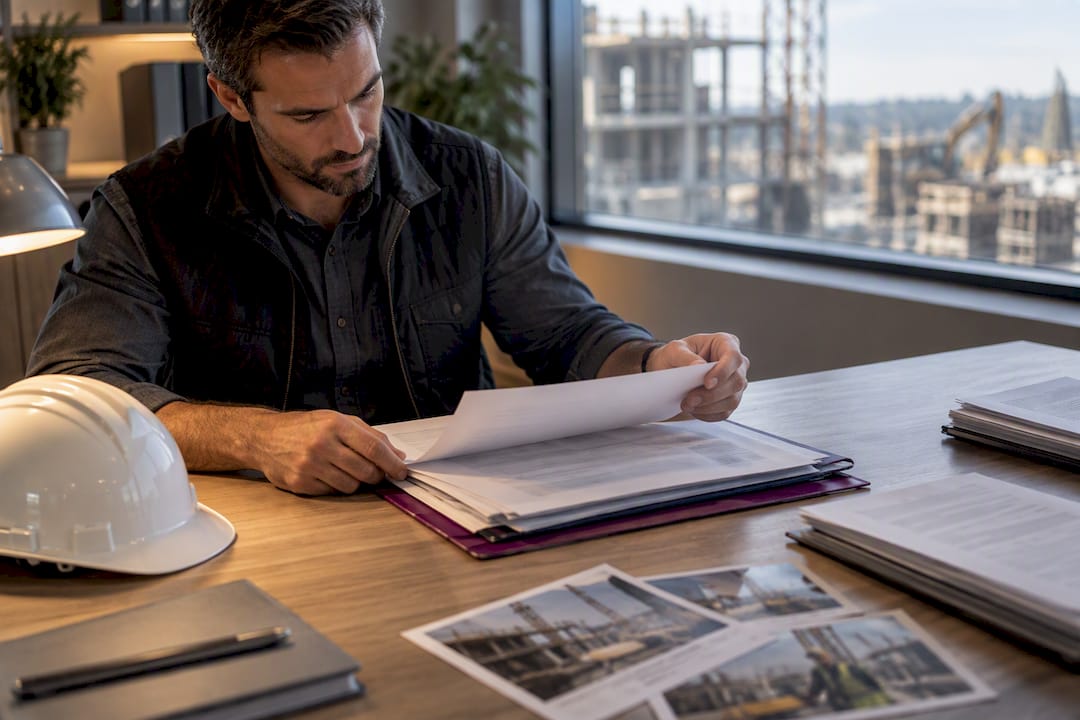 Construction manager reviewing claims records