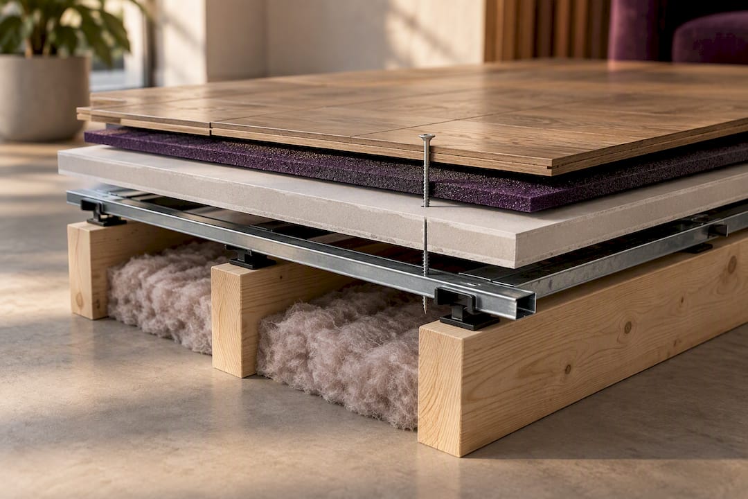 Layered floor assembly showing sound isolation