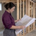 Contractor checks basement plans beside open framing