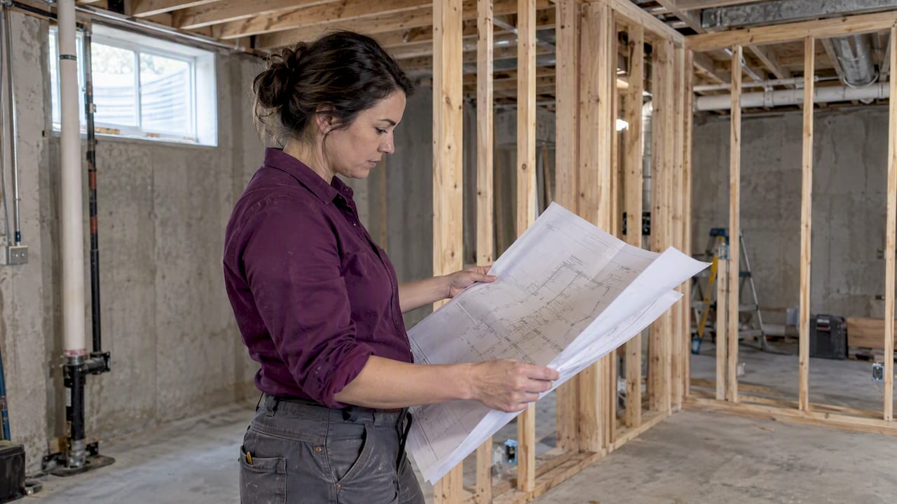 Contractor checks basement plans beside open framing