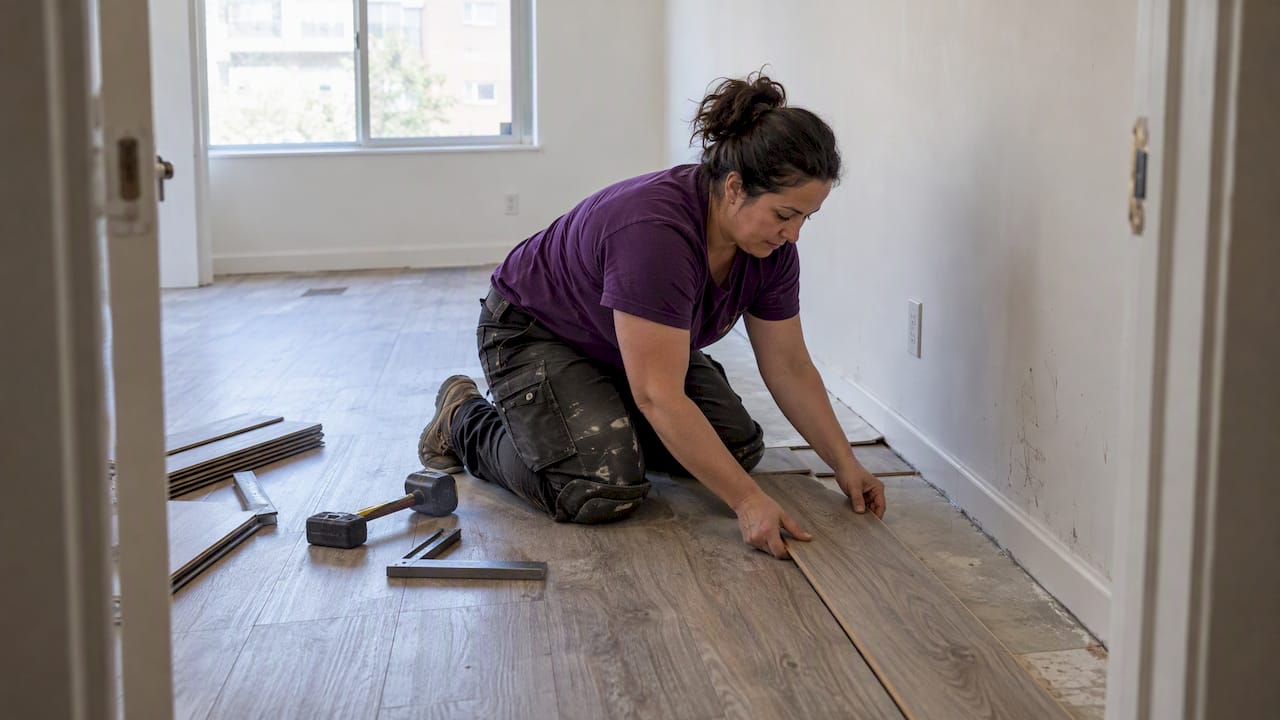 Installer fitting flooring in a vacant rental apartment
