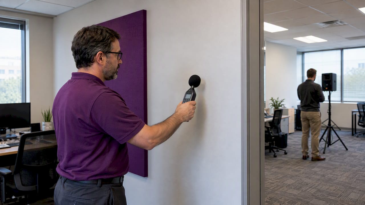 Consultant testing sound at an office partition