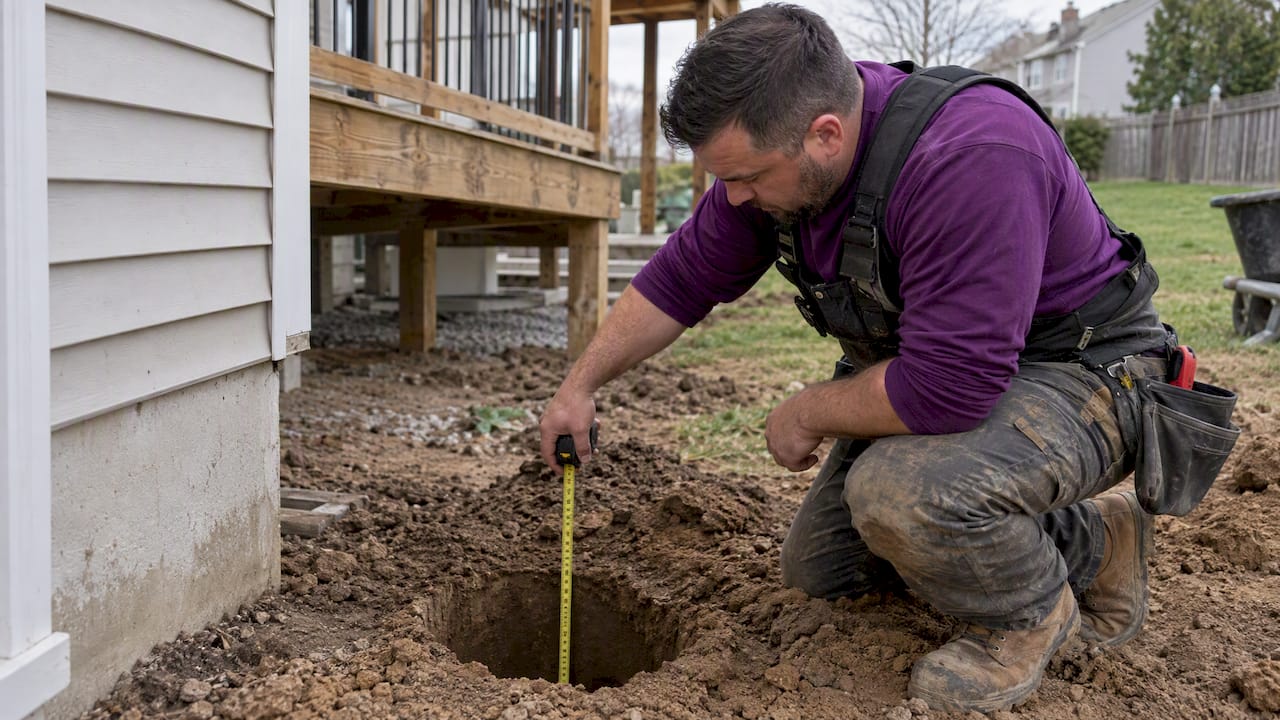 Contractor checks an excavated deck footing
