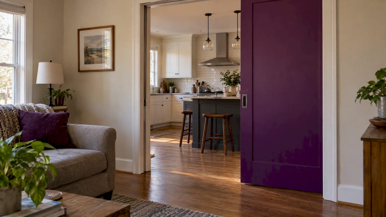 Pocket door divides an open-plan living space