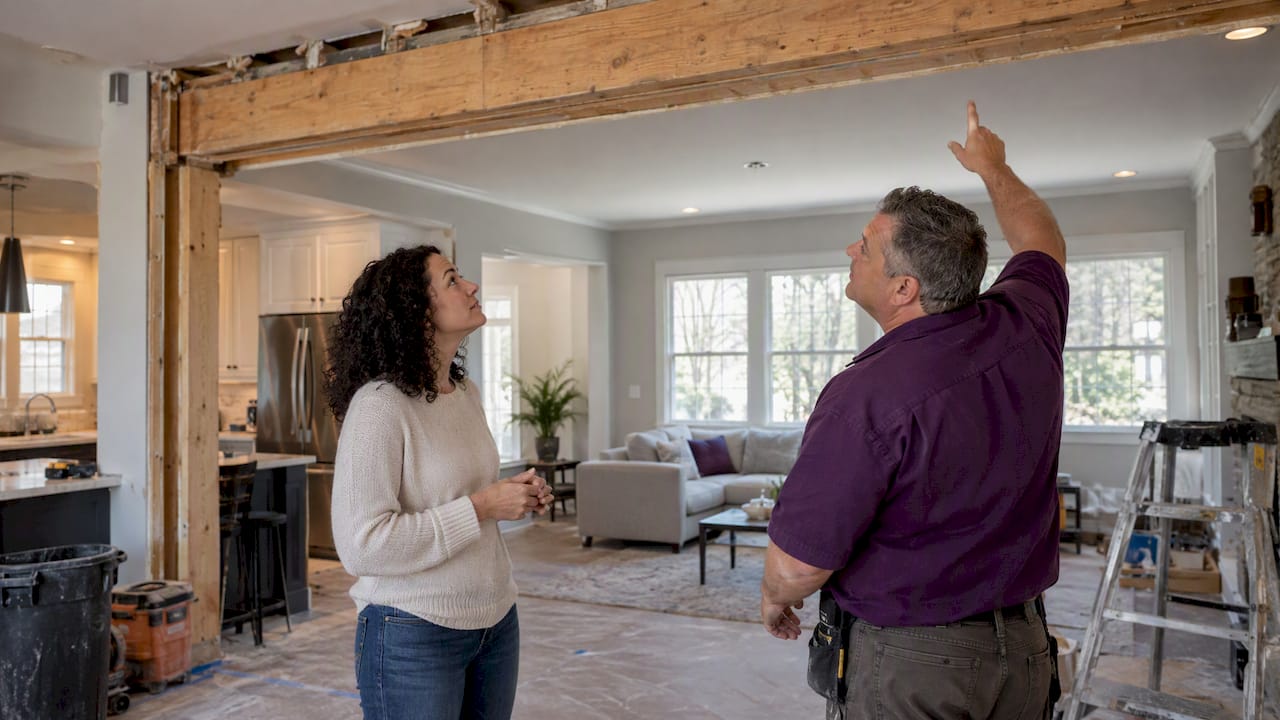 Homeowner and contractor inspect an open-plan remodel