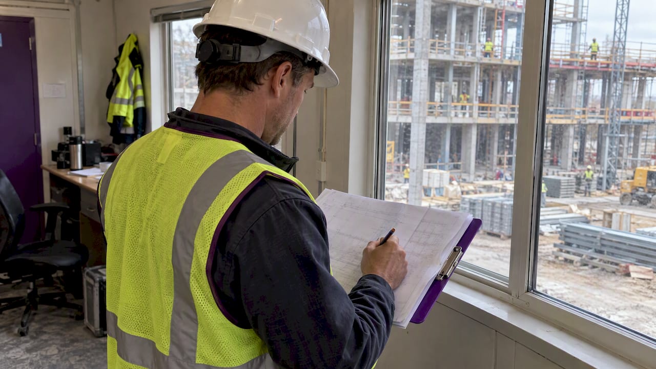 Superintendent compares schedule with active construction site