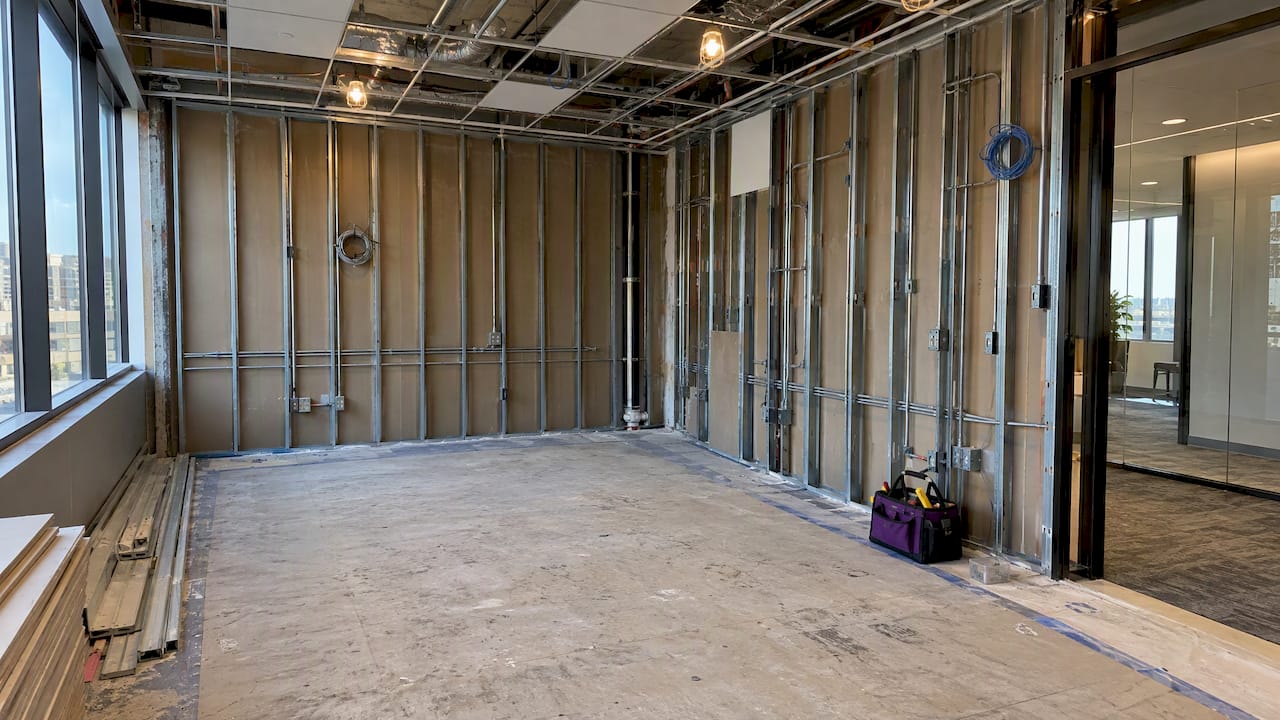 Unfinished conference room during commercial buildout