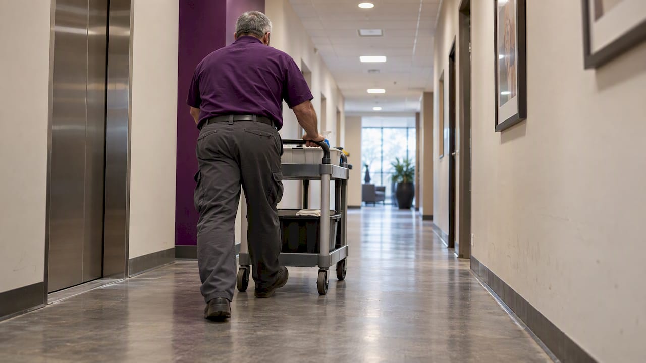 Utility cart rolling over corridor flooring