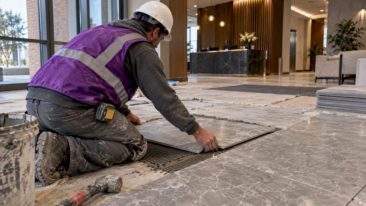 Installer laying stone tile in commercial lobby