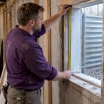 Contractor measuring a basement egress opening