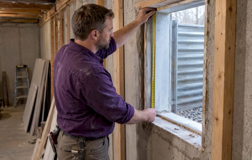 Contractor measuring a basement egress opening