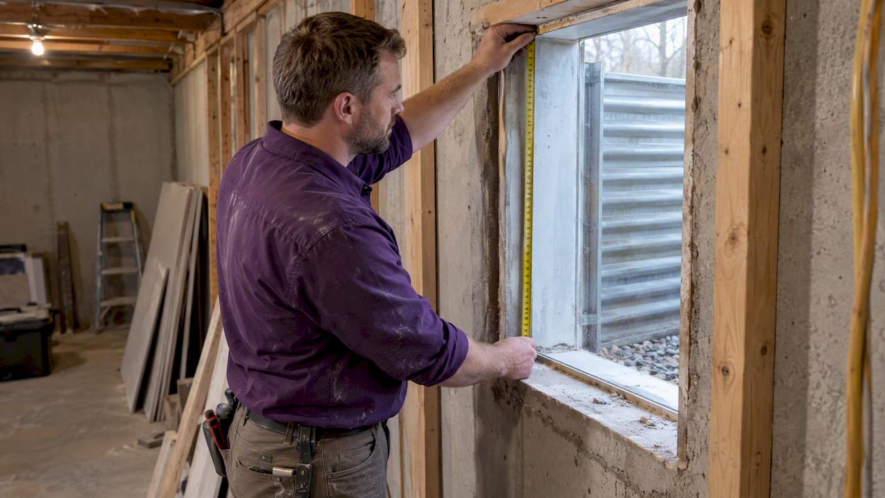 Contractor measuring a basement egress opening