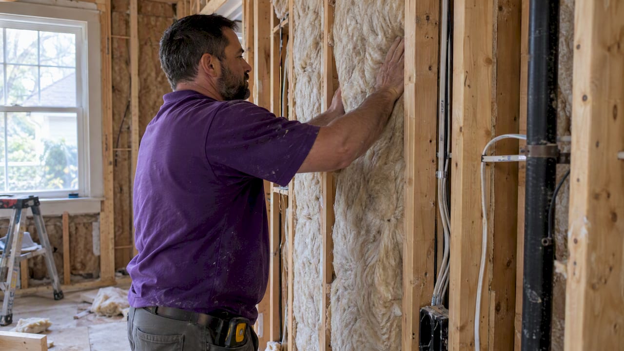 Insulation fitted between exposed wall studs