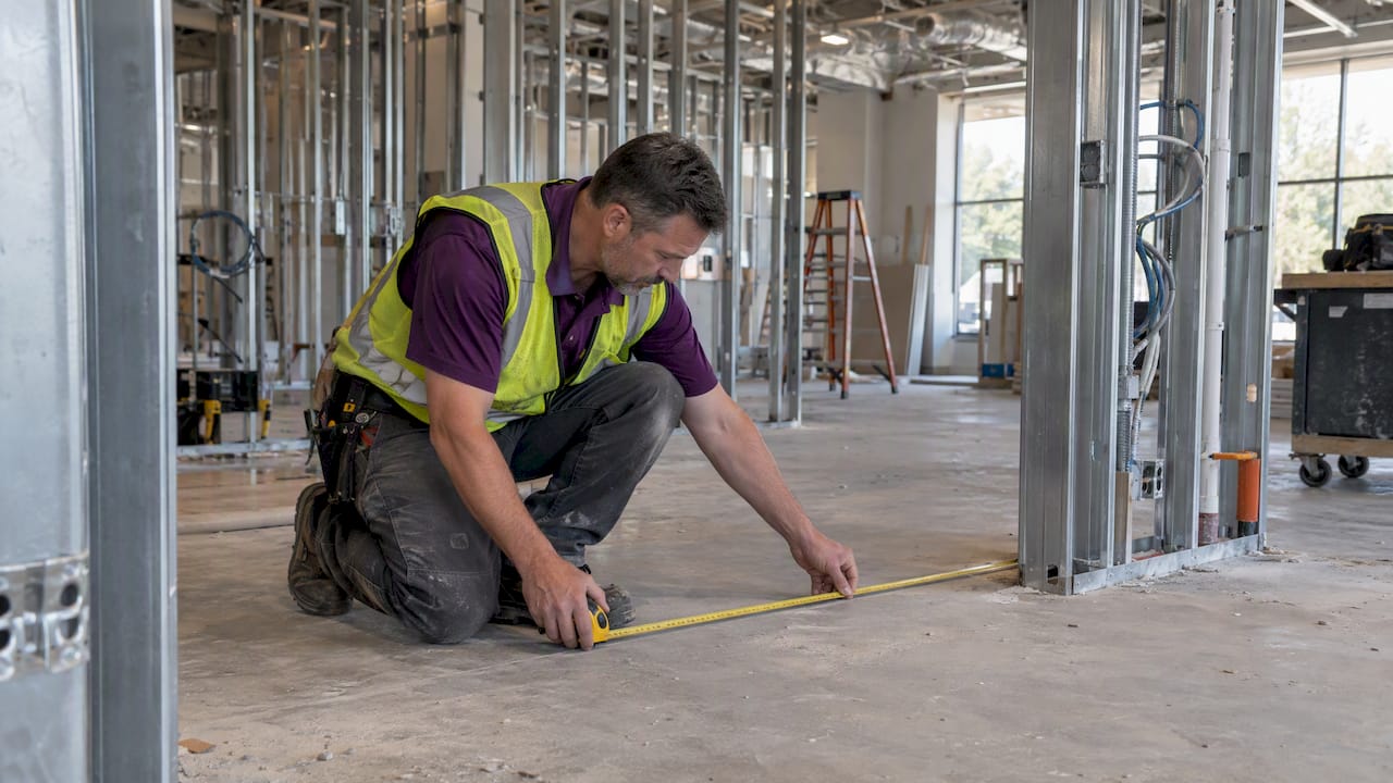 Contractor measuring a commercial tenant buildout