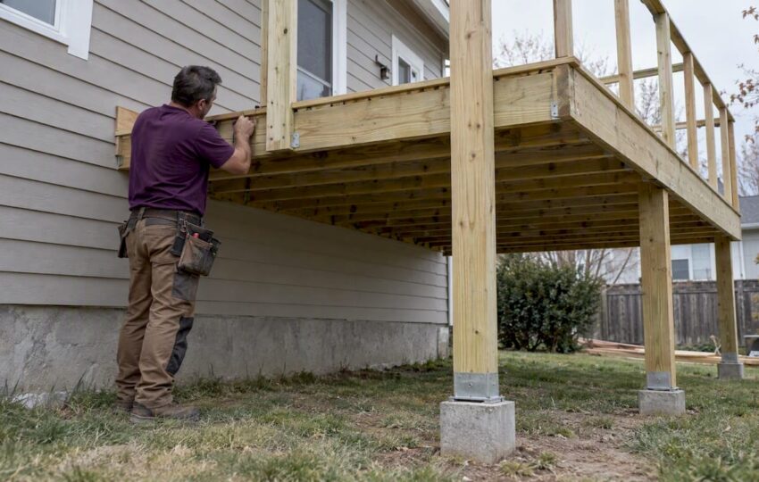 Attached deck framing beside an Arlington home