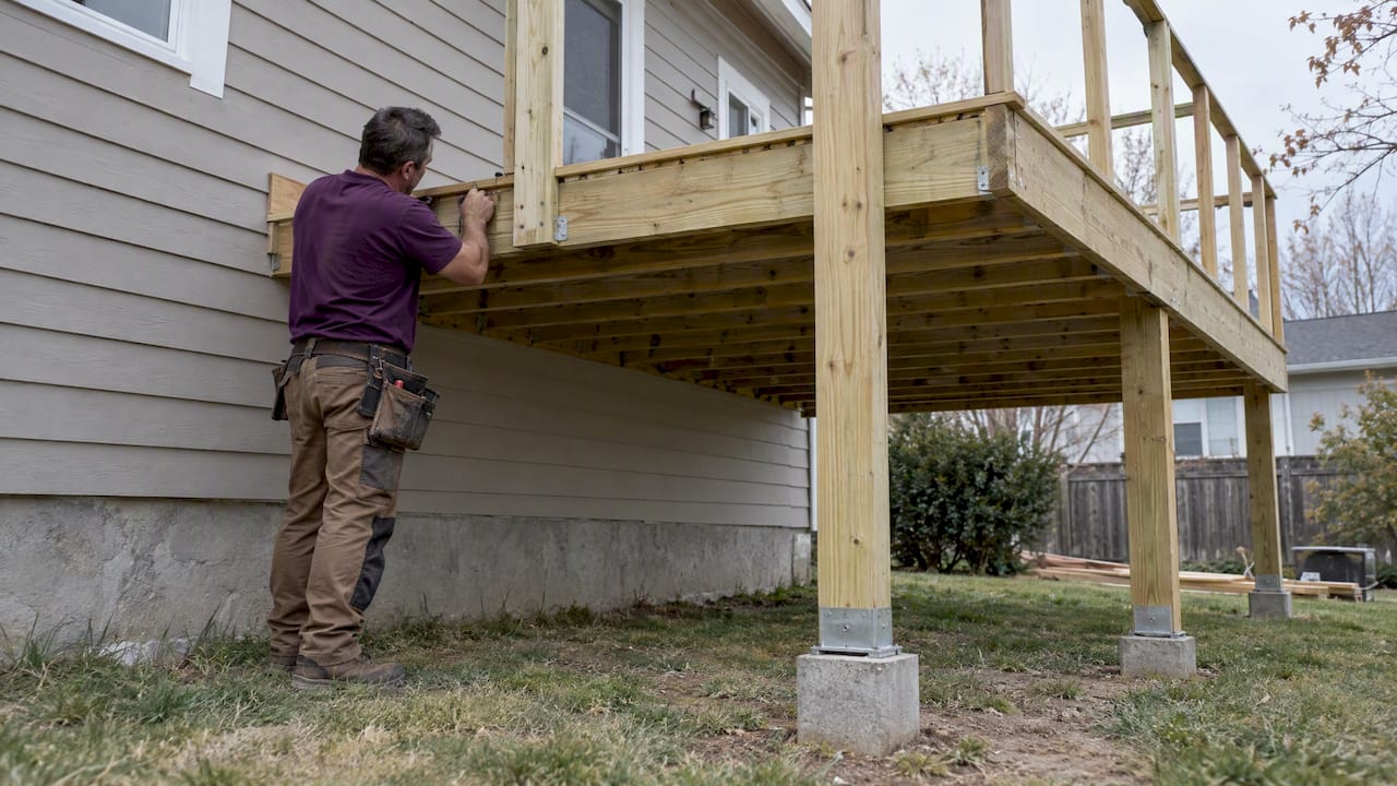 Attached deck framing beside an Arlington home