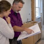 Homeowner and contractor reviewing bathroom permit plans