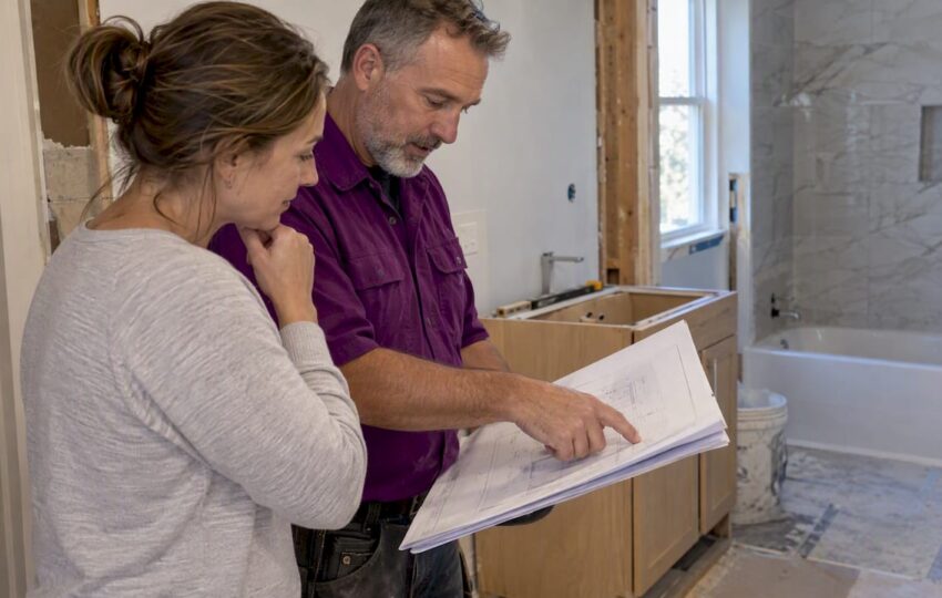 Homeowner and contractor reviewing bathroom permit plans