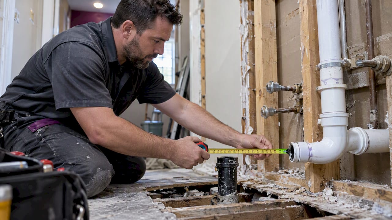 Plumber checking relocated bathroom vanity drain
