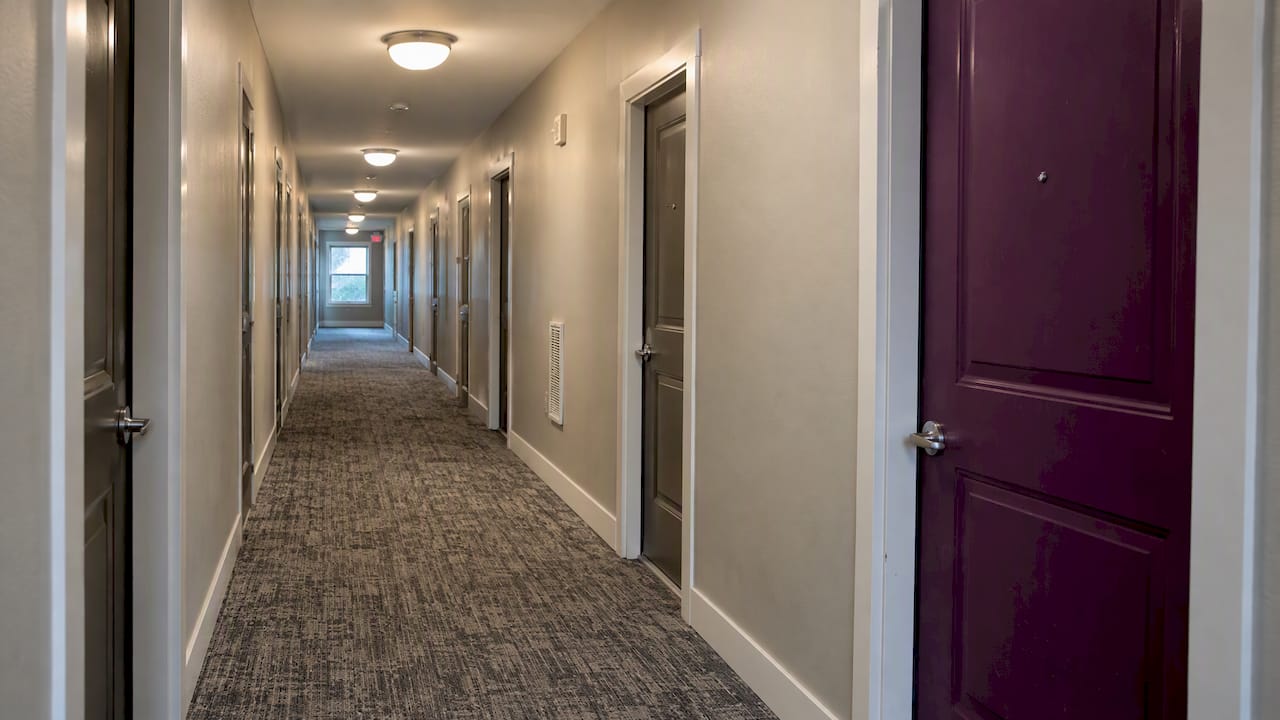 Renovated multifamily corridor with purple door