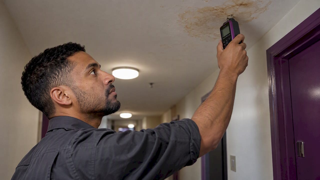 Contractor checking a stained hallway ceiling